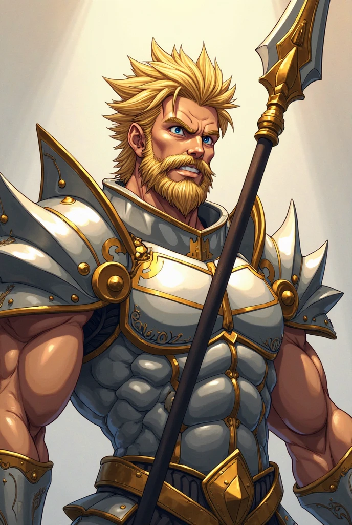 dobnikit, solo, blue eyes, blonde hair, 1boy, closed mouth,  facial hair,  ((full height)) ,  SLE  <lora:dobnikit-20:0.5>
fire, pectorals, muscular male, polearm, bara, beard, large pectorals, veins, topless male, shield, spear, mature male, mustache, manly, holding polearm, old, old man, holding shield, embers