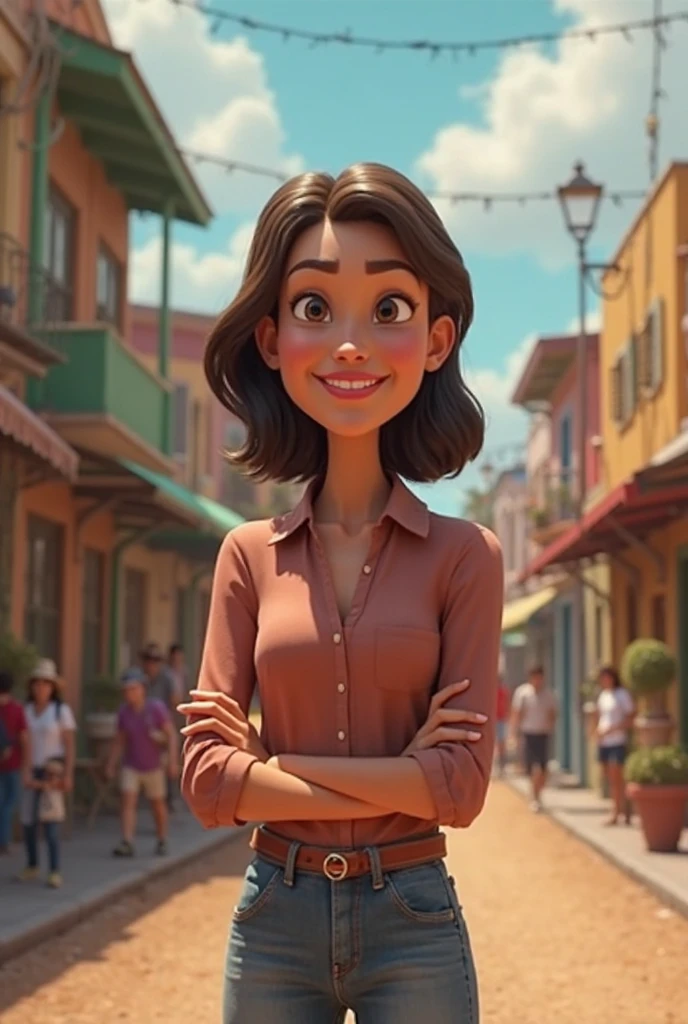 Obra-prima, de melhor qualidade, A smiling young girl, vestindo um vestido colorido, encostada na ponte, estilo Disney Pixar , alta qualidade