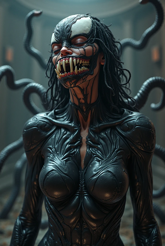 Megan fox as female carnage, (red carnage muscular physique:1.25), (mouth wide open with tongue out, carnage style), standing atop a high skyscraper at night, Realistic, Very detailed face and eyes, (masterpiece:1.1), (best quality:1.1), (highly detailed carnage anatomy:1.25), (beautiful girl face:1.45)