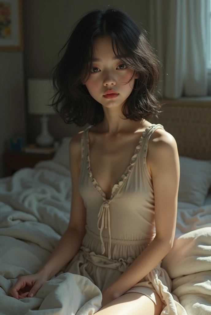realistic and photorealistic photo、a girl. , tiny flat breast, Japanese Girls、Sitting with legs apart, Black short hair、