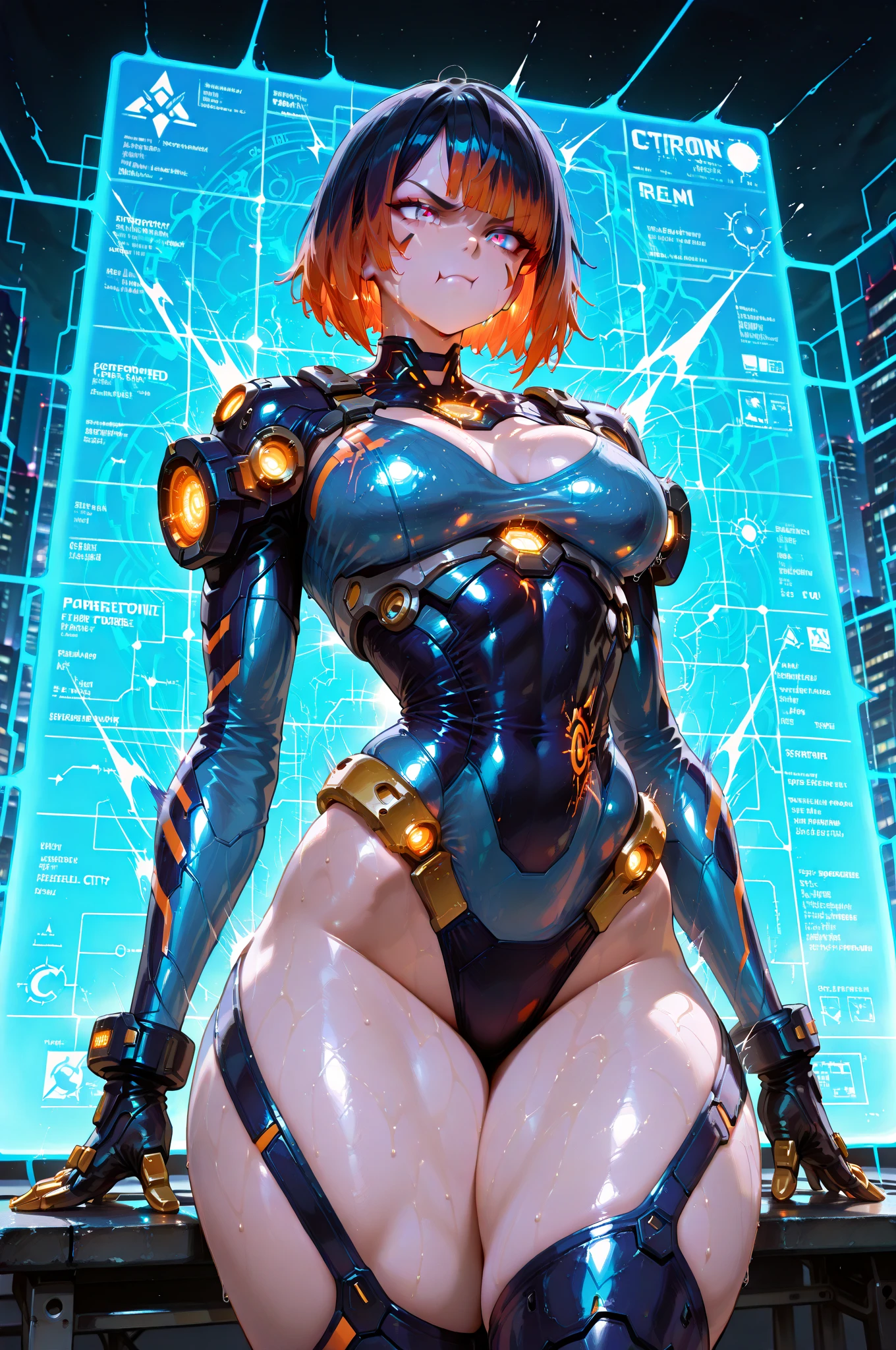 1girl, large breasts, breasts, bare legs, thick thighs, short hair, orange hair, leotard, very short hair, black leotard, neon trim, neon lights, neon, machinery, tech, science-fiction, futuristic, smile, blue eyes, wings