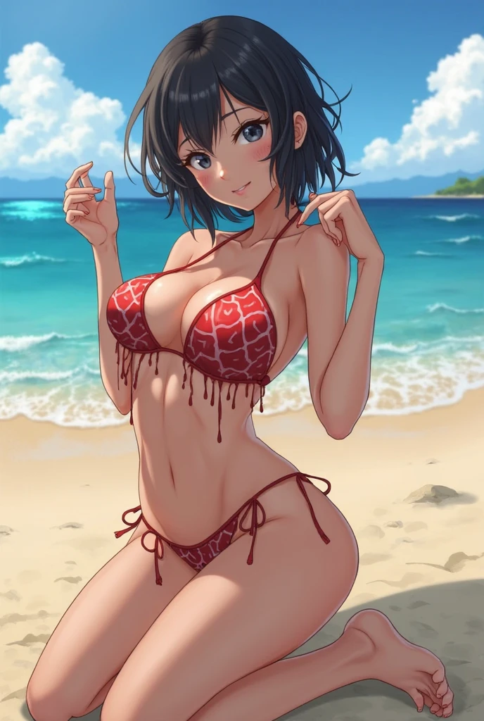 With background,Black-haired beautiful girl with big breasts,She is wearing a red bikini and smiling on the sandy beach