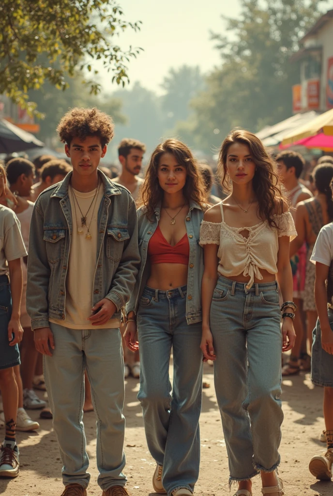 Photography of a 20 year old Asian guy with long curly hair wearing a jeans jacket, white t-shirt, jeans pants, boots sitting with a 2 woman with a body goal wearing a jacket in the town square of Yogyakarta. Night atmosphere 