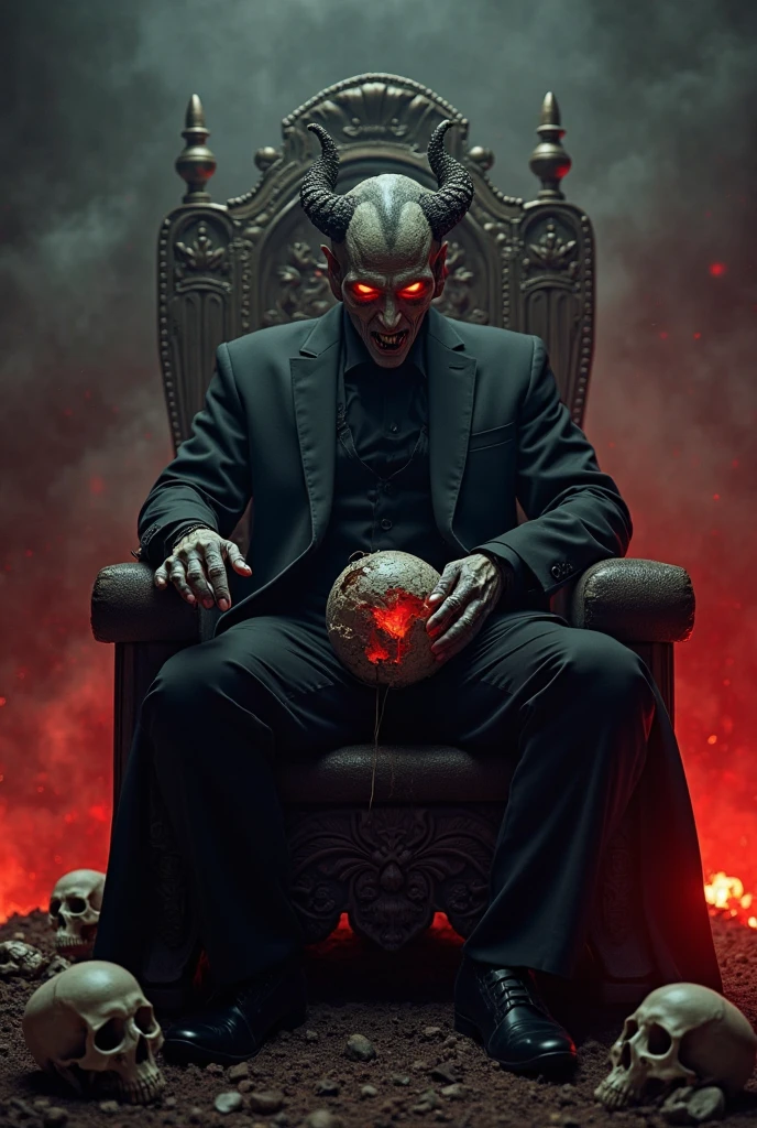 (photorealism:1.2), beautiful Imagine a black demon with red eyes in 3D with a serene face but a challenging look, strong and slender body staring straight ahead, while holding a skull in his left hand, while posing with one leg crossed, His throne is majestic, impeccable, infernal and has the word LOKO engraved on the top. 