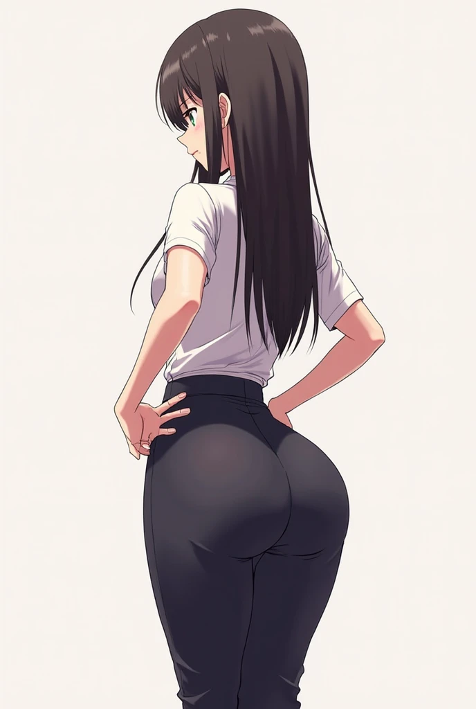 Koyomi Mizuhara, Brown hair, long hair, glasses, face, features, fit body, large breasts, tucked in Tight shirt, black Nike biker shorts, socks, sneakers, gym background, view from behind, tight butt cheeks, skin tight, wallpaper, mooning, showing her firm ass, as tease, babe, showing her hole