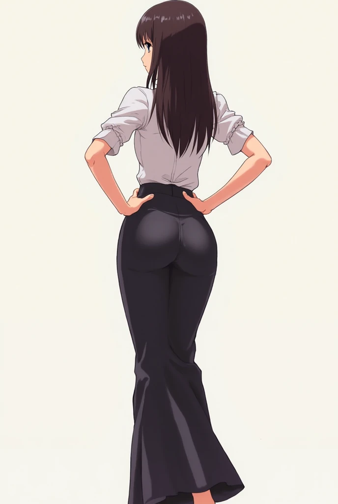 Teenager, Koyomi Mizuhara, Brown hair, long hair, round sunglasses, face, features, fit body, medium breasts, White design shirt, medium leather black pants, socks, sneakers, studio background, view from behind, tight butt cheeks, skin tight, wallpaper, firm ass, late 90’s, standing, side portrait, belt,