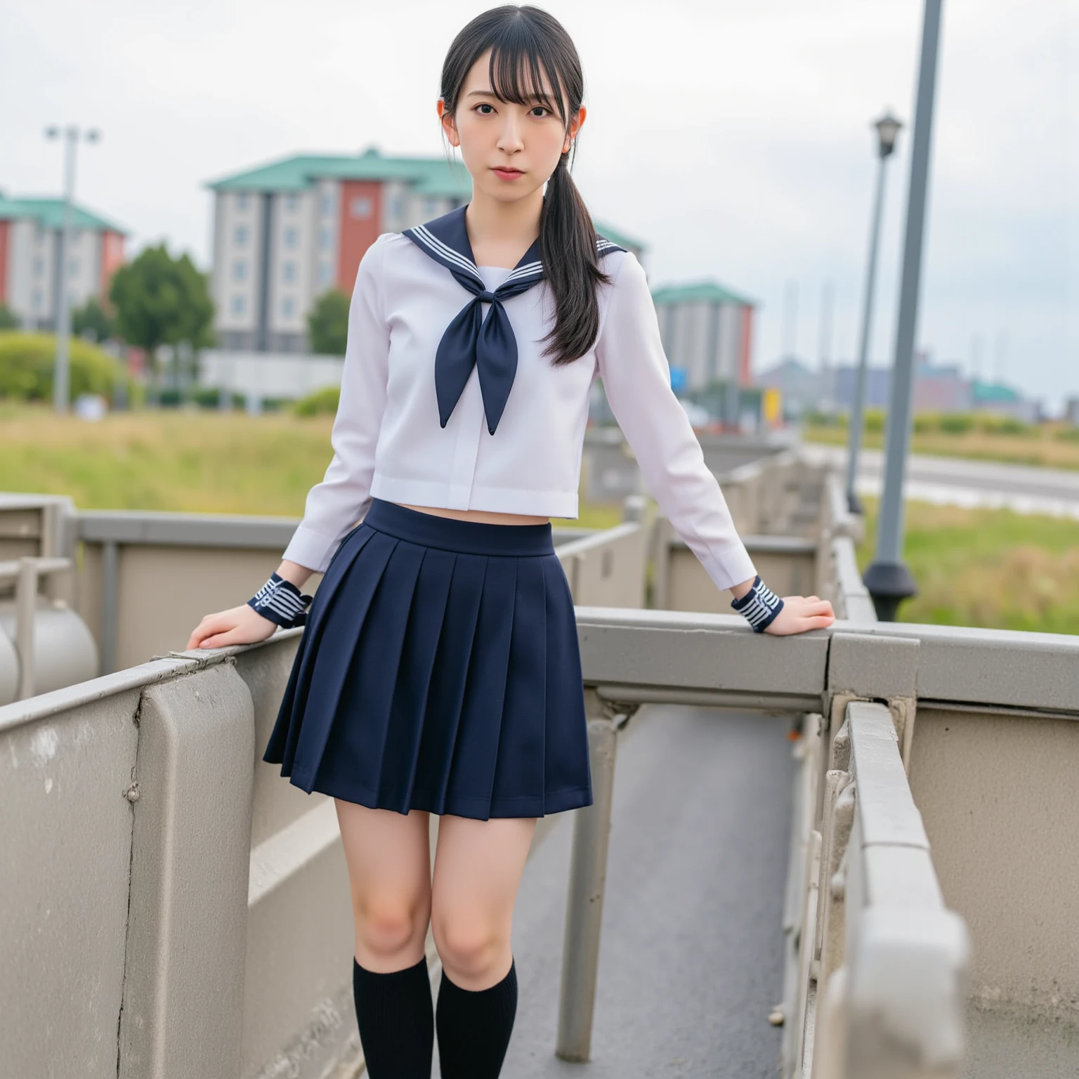 Masterpiece,hd, 1girl, a woman standing on a bridge holding a blue purse, ayaka cosplay, school uniform, ulzzang, red bow in hair, childrens toy, wearing detailed leather collar, chinese girl, black-hair pretty face, cute huge pockets, inside elementary school, long pigtail, sussy baka