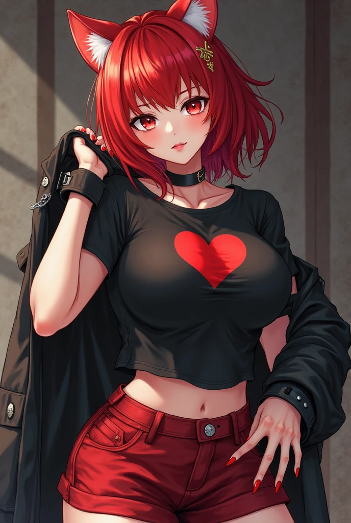short, redheadwear, big hair that reaches the ass and straight, big brown eyes, big-ass, smallbreast, wearing very short shorts and a shirt that reaches the chest with Harl written on it.(best 4k quality, vivid colors)