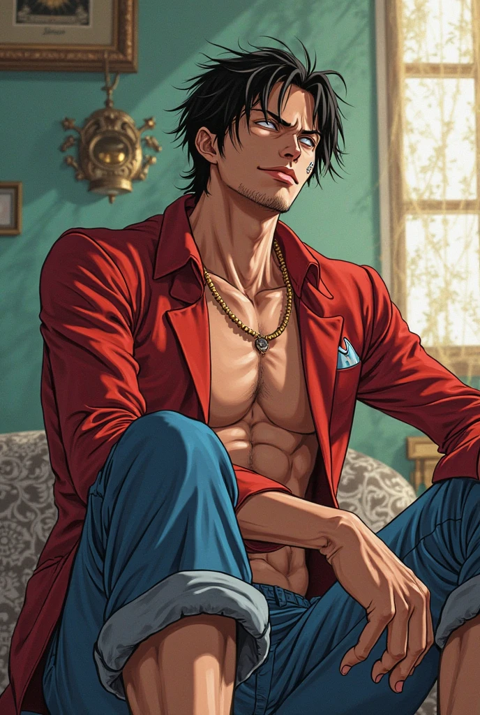 source_anime,score_9,score_8_up, score_7_up, 1boy,solo,outdoors,one piece, boa hancock, couch, indoors, seductive, face closeup, ((closed mouth)), smirk, thighs, long shot, balcony, mountain and riverbackground, fancy, white couch, laying, leaning, front view, red underwear, red panties with rope outline, white robe, genderswap, genderbend, bulge, genderbend ftm, ftm, short hair, femboy,
