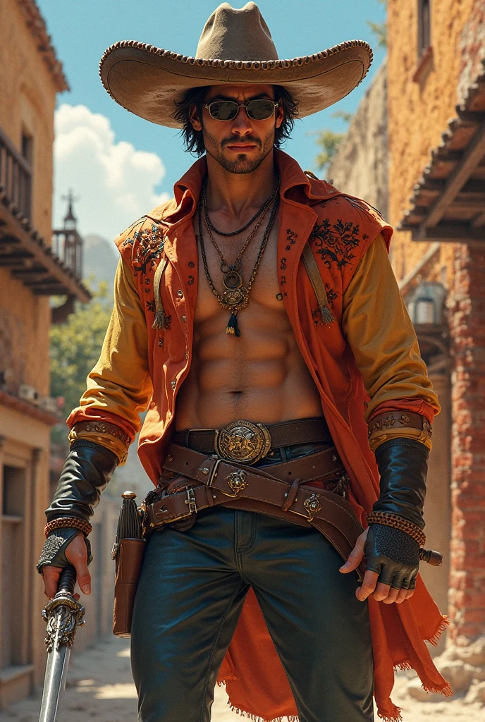 Create a high-resolution, cinematic-quality image with a black background and neon-like smoky lights in gold, dark blue, and silver. The central figure is a robust cowboy with Brazilian indigenous features and tan to reddish skin, standing and looking directly at the viewer. He is shown full-body, wearing a long-sleeved brown shirt, brown leather pants, brown boots with spurs, a wide-brimmed brown hat, a golden scarf, and a wide belt with a large golden buckle. He holds a golden lasso in his right hand, which is extended forward towards the camera.
