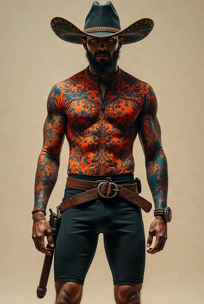 A muscular man, puffed chest and shirtless, green tattoos.he is sigima