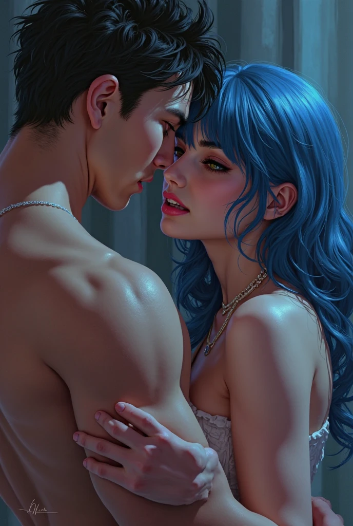 (photorealistic:1.4), professional photography, masterpiece, best quality, award winning photo, cinematic lighting, photon mapping, film grain, face focus, nsfw, dp, sailor mercury getting by two men, vaginal, , 1girl as smmercury, short blue hair, E cup breasts,, narrow waist, necklace, hair ornaments,