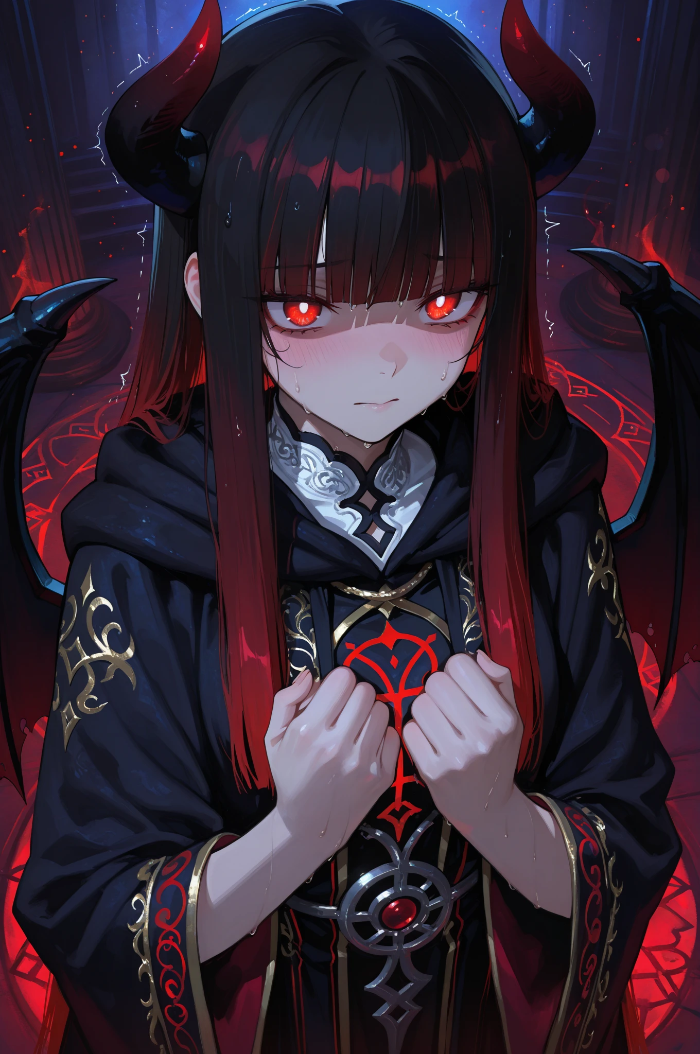 anime style, low-angle medium close-up of a trembling shy female demon lord, looking down nervously at the viewer with tearful round red eyes, straight hair with hime cut, smooth gradient from black to deep red at the tips, black to red gradient demon horns peeking through her bangs, small folded demon wings slightly visible behind her shoulders, mouth trembling, about to cry, cold sweat on her cheeks and forehead, shoulders raised in fear
hands clutching her chest or cloak nervously, wearing a dark, elegant velvet robe with silver and crimson embroidery, magical runes faintly glowing on the fabric, faint dark aura around her, slightly hunched posture
dramatic lighting from above, soft warm highlights on her glossy hair and wet skin, cinematic shadows under her chin, glowing particles floating in the air, faint bluish bounce light to contrast with her red hues
background: dark blurred throne room, glowing runes on distant stone pillars, soft bokeh lights from magical torches, tense and oppressive atmosphere, shallow depth of field
ultra detailed, high contrast lighting, magical realism, emotional intensity, cinematic quality, masterpiece, best quality