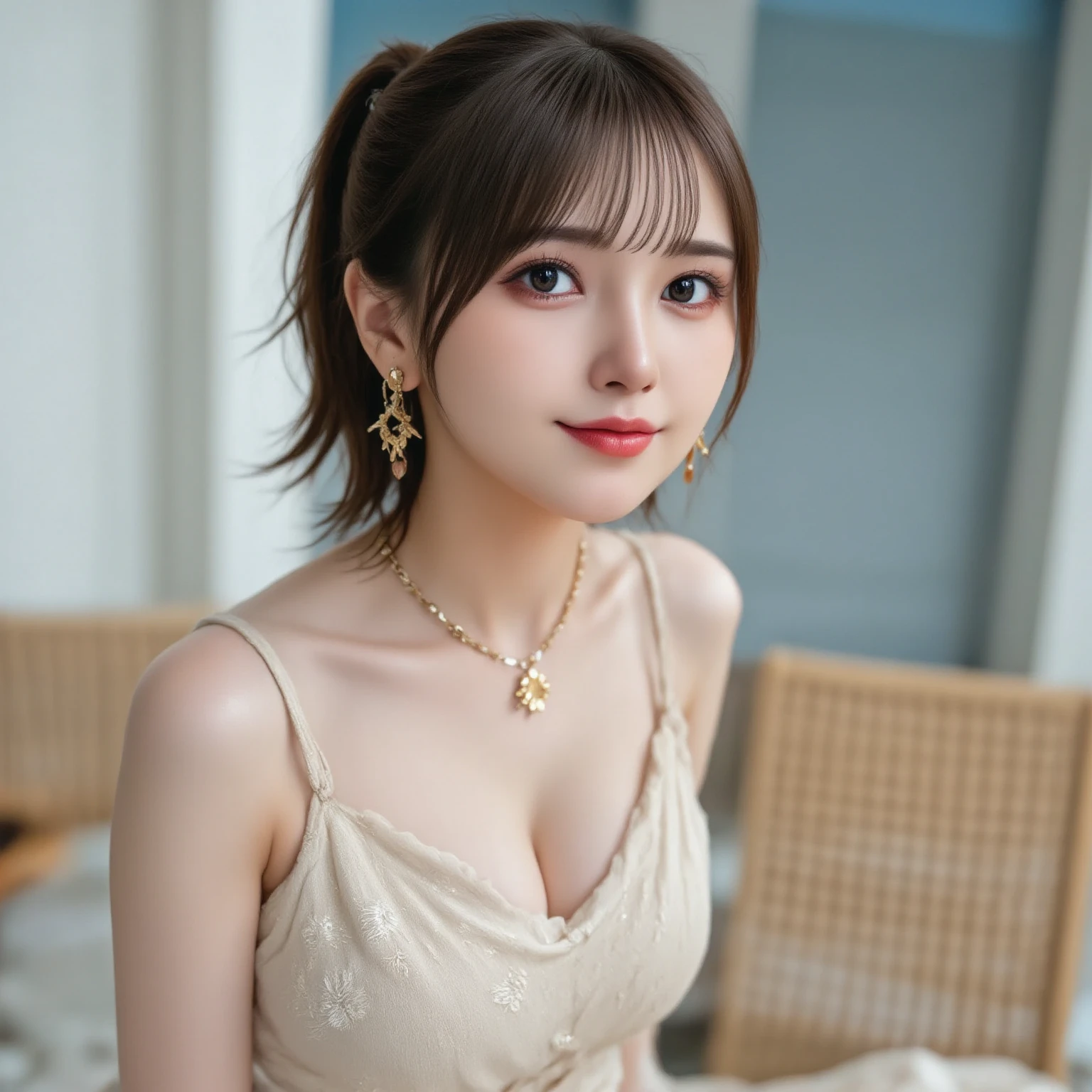 (Tabletop: 1.3), (Maximum resolution: 1.2),, (fine grain and skin), (Detailed facial features), Black eyes、Big eyes、Dark Eyes、Large pupils、Cute smile、smile、Hmph, Sharp focus: 1.2, Perfect Style, Beautiful Face, Perfect body、Highly detailed face and skin texture, fine grain, Dark blue eyes, : 1.2, Natural Cheeks, Glowing Skin, Fair skin: 1.2, Shiny little necklace and earrings, (Glossy lips: 1.She is a very cute 20-year-old woman、Campaign Girl Costume), (Captivating smile: 1.2), (length, Straight hair, prohibit), (Light brown hair:1.2), Mid-chest,、soft 、Big Breasts(Full Body Shot) Leaning forward to emphasize the chest pose、Shyness、Kamimei、flare skirt、Off-the-shoulder shirt、Looking Back、Shooting from below