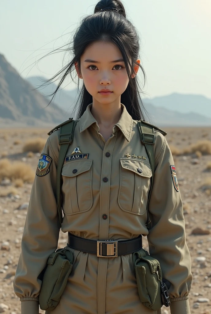 (medium full shot) of (attractive young woman:1.1) soldier, japanese with black hair styled in twin-tails, dark brown eyes, pale skin, petite,             wearing Tactical vest over olive green shirt, cargo pants, combat boots, tactical gloves, beret, angry at the viewer,  she's squatting pose,  .set in  military base Observation Post, Camouflaged position overlooking enemy territory, soldiers huddled behind sandbags and makeshift barricades, binoculars trained on distant targets, whispered conversations, and the crackle of radio transmissions , at night. ,Masterpiece,best quality, photorealistic, amazing quality, very aesthetic, extremely detailed face,