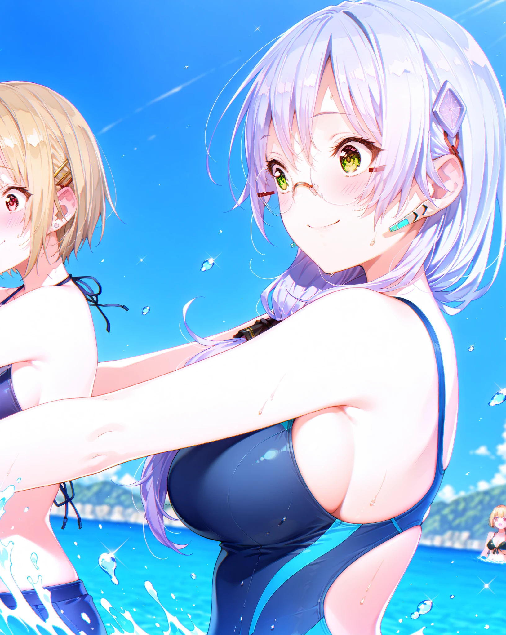 Highest quality, Very detailed, masterpiece, anime,Highest quality,Japanese ,THREE Girls,Swimwear,bikini,Beach,Dynamic pose,Open your mouth,smile,Transparent haori,Browsing Caution,Underwater photography,Hug Pose,Modest chest