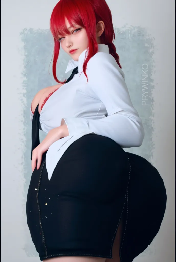 (Masterpiece: 1.5), (Best Quality: 1.5), Perfect Eyes, Perfect Face, makima, taut black pants, white button up shirt, black tie, red hair, yellow eyes, thicc, cat ears, cat tail, chainsaw man series, sexy, big ass, panty outline through pants