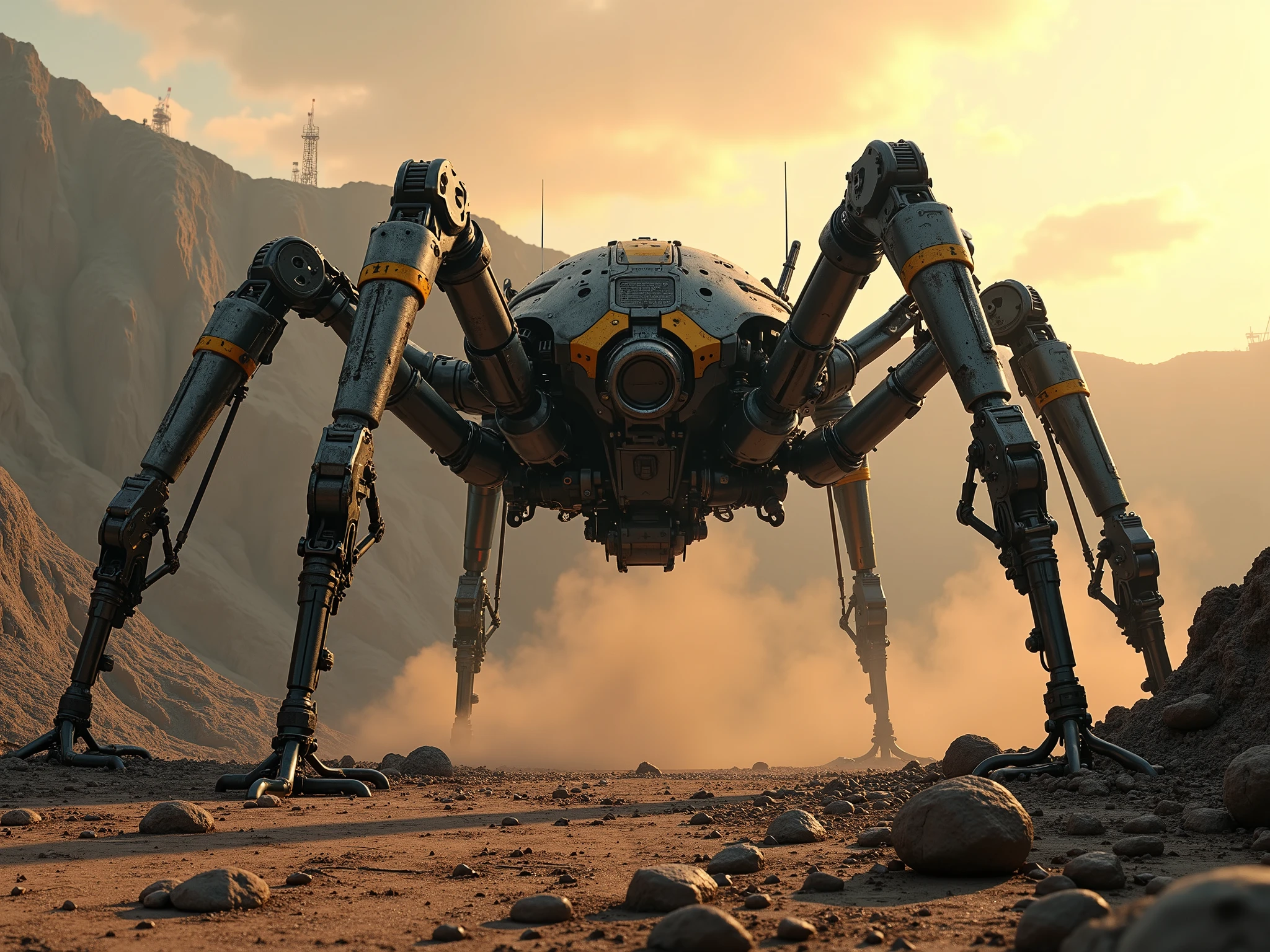 (In the style of ck-mgs, cksc, a_skynet_cyberdyne_craft) — ultra-detailed sci-fi cinematic scene, 8K digital painting, hyper-realistic.
Foreground: cracked soil, scattered metal debris, oil-stained rubble. Dust particles shimmer in low sunlight, creating layered cinematic parallax.
Midground: dominant subject — a colossal Spider Mech Crane, its six multi-jointed hydraulic legs spread wide on the uneven terrain. The central cockpit sphere sits suspended beneath a reinforced rotating frame, clad in hazard-striped armor, dulled and scratched from use. Arms extending from its thorax-like core include claw-like grabbers, telescopic drills, and a heavy crane boom, cables swaying. Mechanical hoses and pistons pulse with movement.
Background: a massive quarry pit with exposed strata, scaffolded by decaying steel beams and distant tower cranes against a smoky dusk sky glowing orange-pink.
Lighting: dramatic blend of warm yellow and toxic pink, with rim lights catching each spider-leg and the machinery’s angular silhouette. Volumetric dust clouds coil around its base, intensifying its menacing scale.
Camera: shot with a 35mm cinematic lens, shallow depth of field, gritty industrial teal-orange film grade, light film grain, deep atmospheric haze.
Surfaces: grimy, with peeling paint, welded seams, and oozing oil lines, showcasing brutalist mechanical wear.