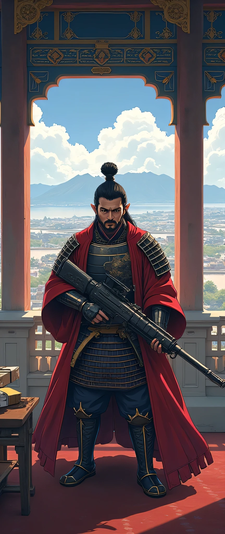 highdefinition image,Satu Kingdom Era、Oda Nobunaga wearing armor、inside Azuchi Castle、Top floor of the castle tower、( the face is visible )holds a machine gun in a pose like a rugged expression、