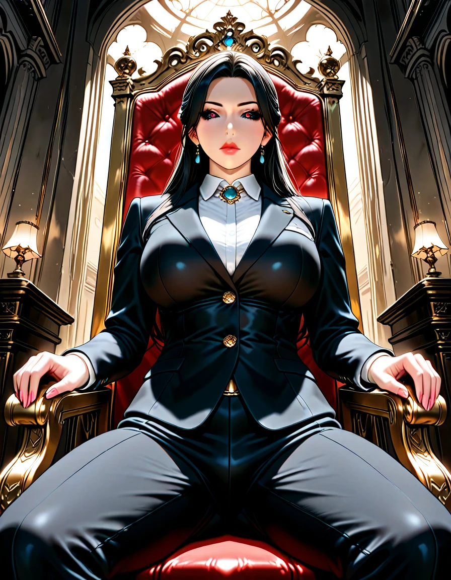 Sitting in her chair, a cold and calculating woman, long silky black hair, ruby green eyes, thin lips, round face, huge breasts, wearing the outfit of a mafia woman, mafia queen, dangerous and fatal, beautiful woman