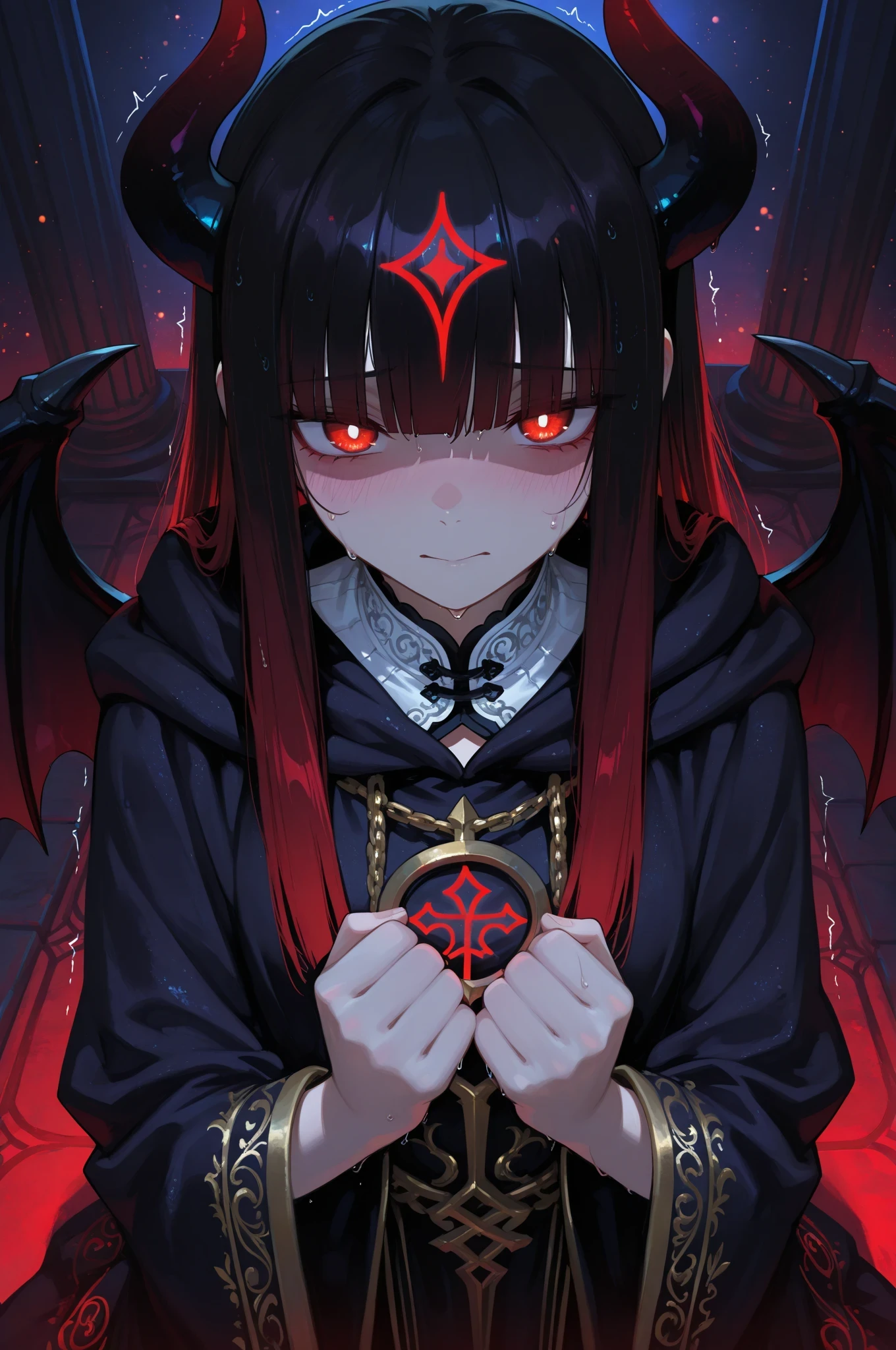anime style, low-angle medium close-up of a trembling shy female demon lord, looking down nervously at the viewer with tearful round red eyes, straight hair with hime cut, smooth gradient from black to deep red at the tips, black to red gradient demon horns peeking through her bangs, small folded demon wings slightly visible behind her shoulders, mouth trembling, about to cry, cold sweat on her cheeks and forehead, shoulders raised in fear
hands clutching her chest or cloak nervously, wearing a dark, elegant velvet robe with silver and crimson embroidery, magical runes faintly glowing on the fabric, faint dark aura around her, slightly hunched posture
dramatic lighting from above, soft warm highlights on her glossy hair and wet skin, cinematic shadows under her chin, glowing particles floating in the air, faint bluish bounce light to contrast with her red hues
background: dark blurred throne room, glowing runes on distant stone pillars, soft bokeh lights from magical torches, tense and oppressive atmosphere, shallow depth of field
ultra detailed, high contrast lighting, magical realism, emotional intensity, cinematic quality, masterpiece, best quality