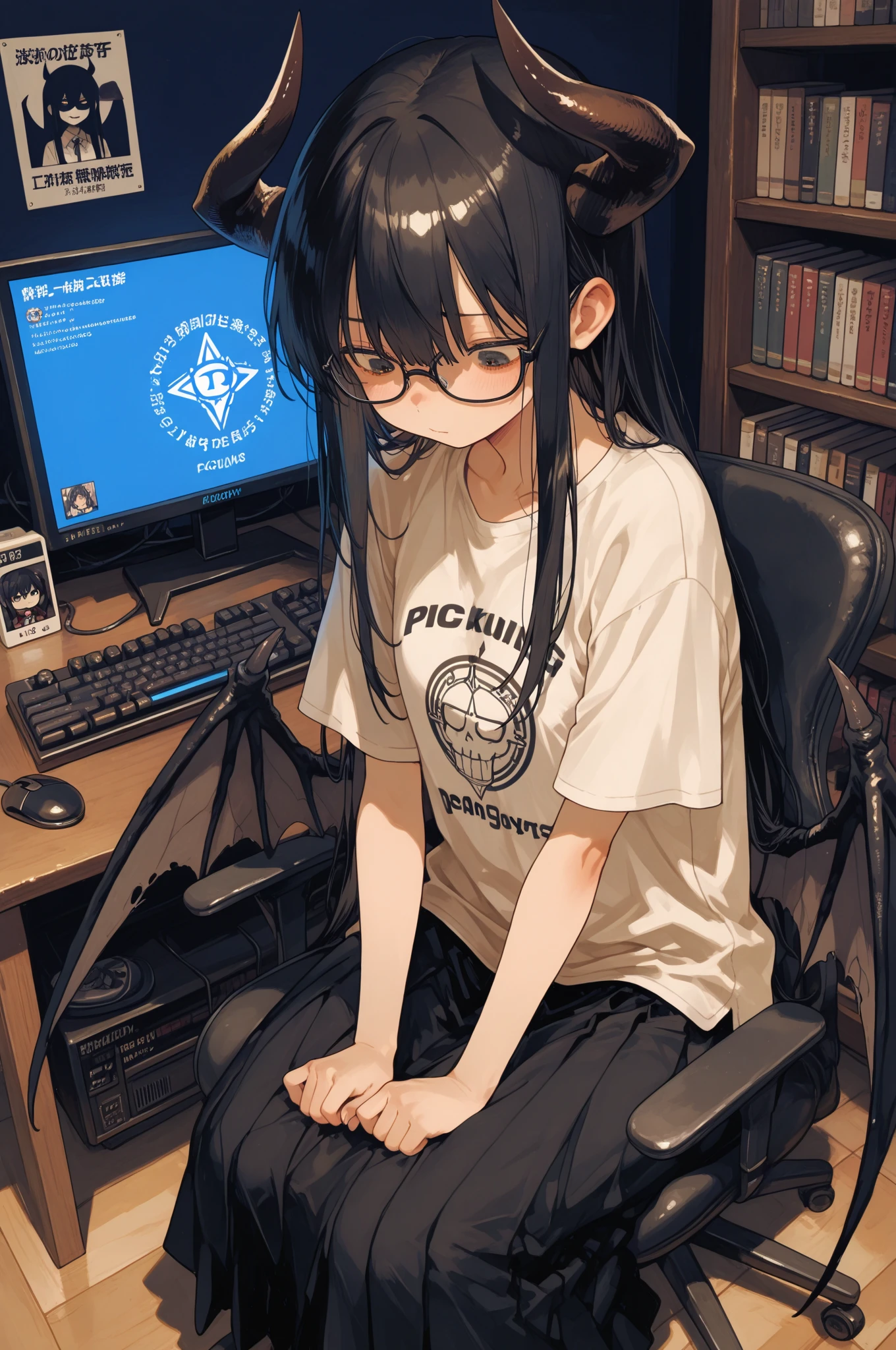 masterpiece, best quality, amazing quality, very aesthetic, newest, 1girl, Nerd Demon King、plain impression、shadows are applied to the face、Squishy long black hair、Demon King&#39;s Horn、Demon King's Wings、T-shirts with characters drawn on them(Buka Buka Size)、long skirt、Looking down、 moji、Gaming Chairs、sitting、in a dim nerdy room、Big Bookshelf(comics and figures are lined up)、push character figure stand、animated poster、PC Monitor、gaming keyboard、Gaming Mouse、Otaku Girls' Room 、PC Monitorの明かりのみ、completely dark room、Dark Tones