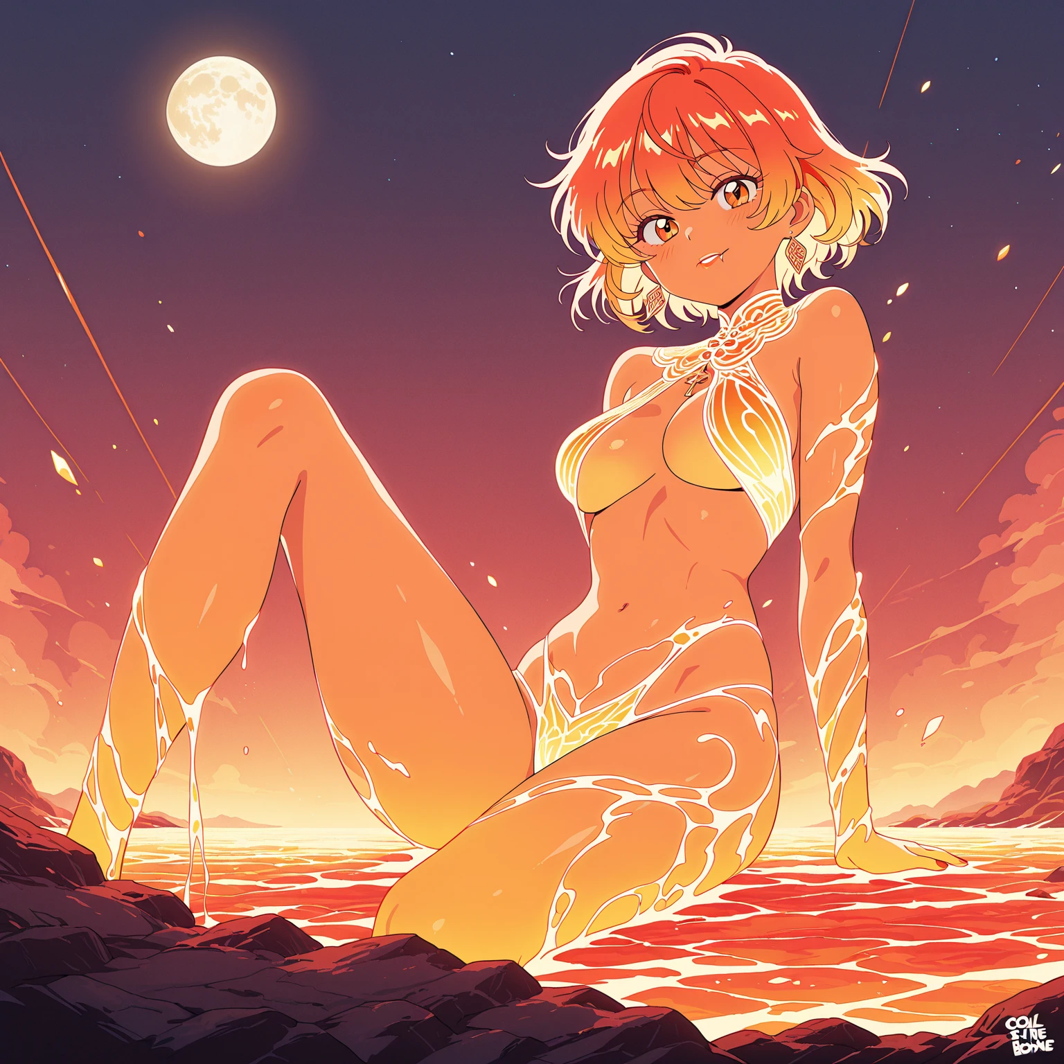 1girl, (solo), short curly hair, golden hair, small breasts, light blue eyes, small size, fair skin, perverted face, red cheeks, (fangs), (naked), full body, kneeling, (night), blood moon, medieval town, forest behind (very sexy body, detailed face, masterpiece, highly detailed, 8k, best quality, vibrant colors, digital art, concept art)