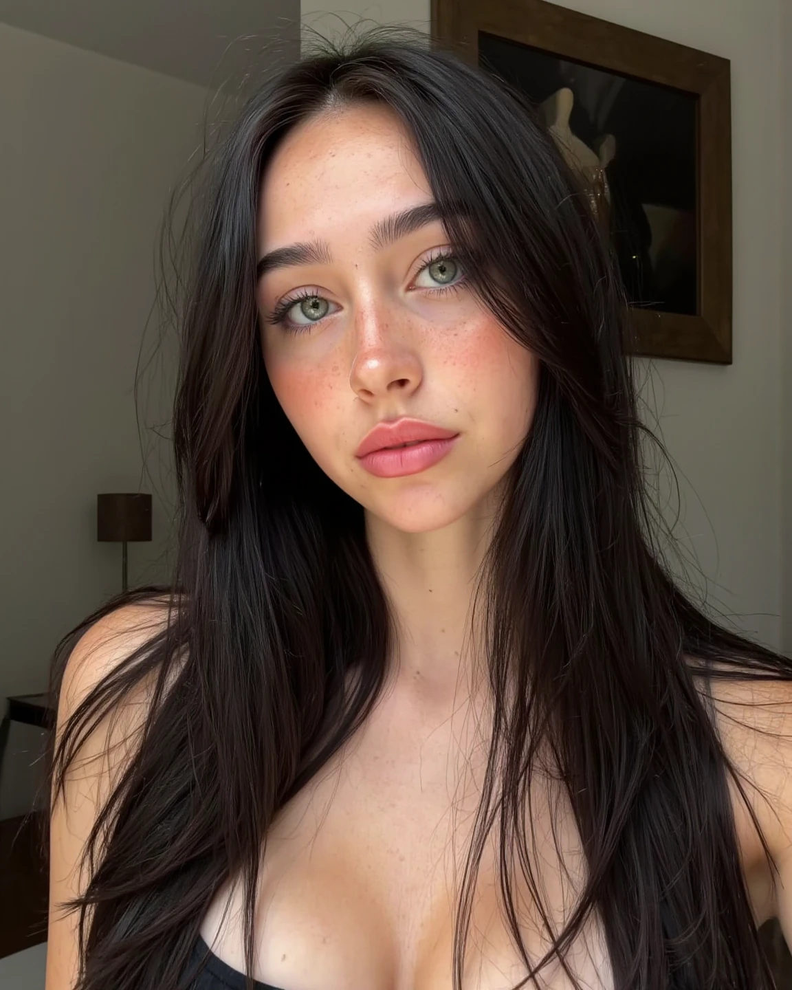 A beautiful woman, dark brown hair, 24 years old, selfie in home, black dress, Morgana Carlos face similar
