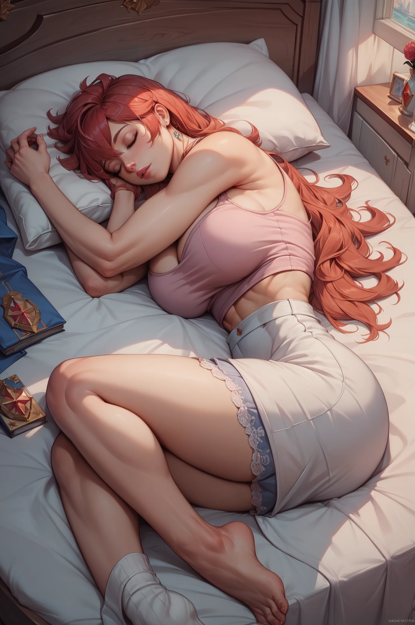 (best quality,4k,8k,highres,masterpiece:1.2),ultra-detailed,(realistic,photorealistic,photo-realistic:1.37), a gorgeous demoness sleeping in her bedroom in a luxury hotel, sexy lingerie, alluring, voluptuous, slim thick build, big well-endowed chest, eye-catching composition by ayami kojima and hajime sorayama, realism