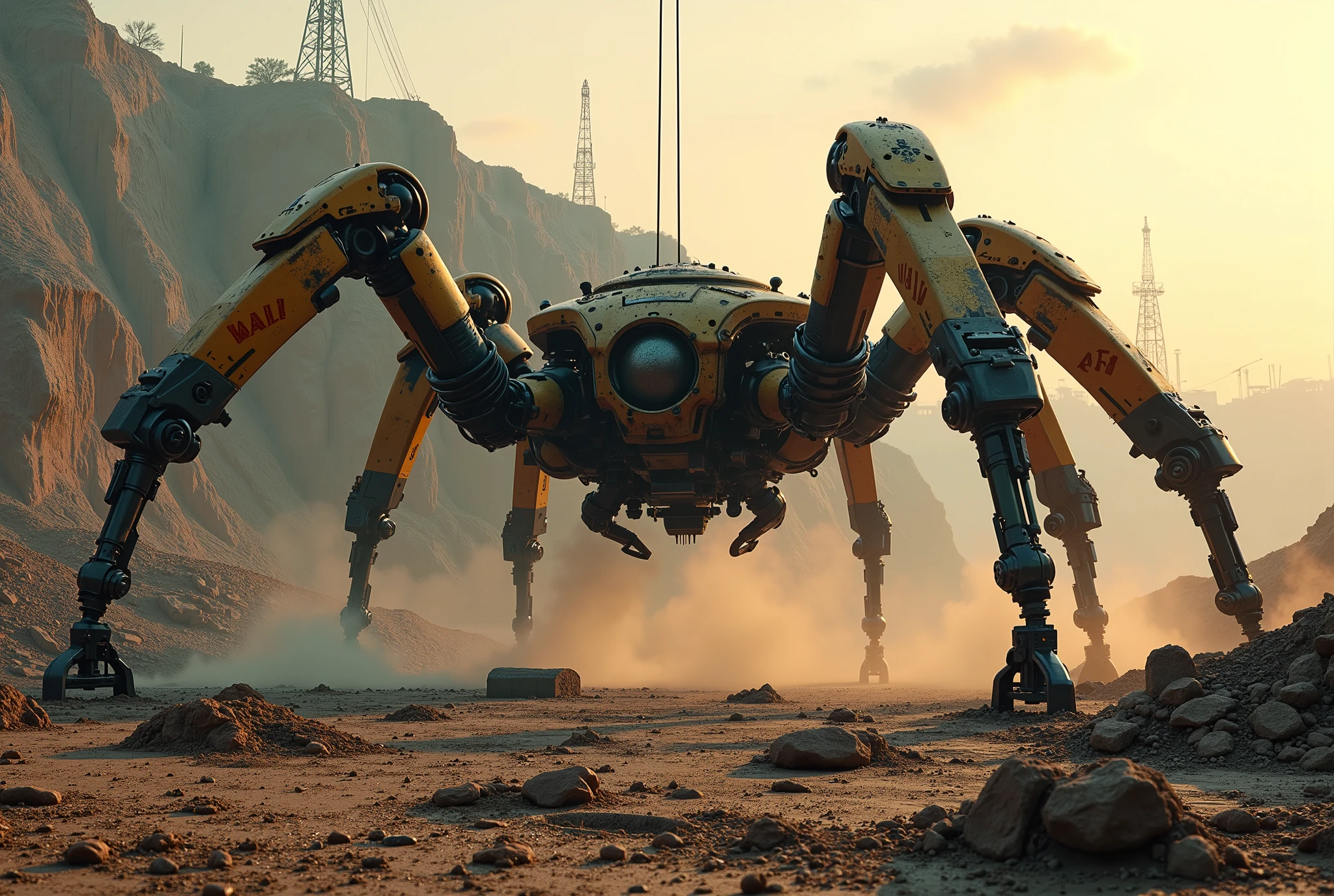 (In the style of ck-mgs, cksc, a_skynet_cyberdyne_craft) — ultra-detailed sci-fi cinematic scene, 8K digital painting, hyper-realistic.
Foreground: cracked soil, scattered metal debris, oil-stained rubble. Dust particles shimmer in low sunlight, creating layered cinematic parallax.
Midground: dominant subject — a colossal Spider Mech Crane, its six multi-jointed hydraulic legs spread wide on the uneven terrain. The central cockpit sphere sits suspended beneath a reinforced rotating frame, clad in hazard-striped armor, dulled and scratched from use. Arms extending from its thorax-like core include claw-like grabbers, telescopic drills, and a heavy crane boom, cables swaying. Mechanical hoses and pistons pulse with movement.
Background: a massive quarry pit with exposed strata, scaffolded by decaying steel beams and distant tower cranes against a smoky dusk sky glowing orange-pink.
Lighting: dramatic blend of warm yellow and toxic pink, with rim lights catching each spider-leg and the machinery’s angular silhouette. Volumetric dust clouds coil around its base, intensifying its menacing scale.
Camera: shot with a 35mm cinematic lens, shallow depth of field, gritty industrial teal-orange film grade, light film grain, deep atmospheric haze.
Surfaces: grimy, with peeling paint, welded seams, and oozing oil lines, showcasing brutalist mechanical wear.