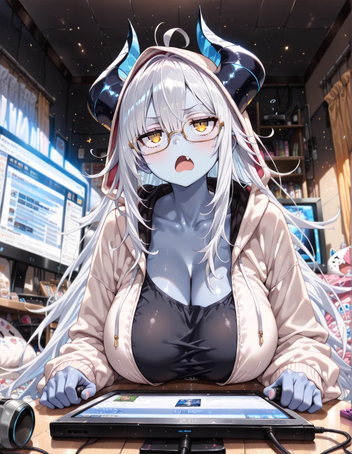 masterpiece , best quality , 1 sexy girl , (1 goose:1.2) , lab coat, doctor's white robe , (covered nipples:0.9) , (gigantic tits:1.2) , (thick arm:1.1) , thick thigh , gigantic hip , (white hair:1.1) , (plump:1.1) , surrounded by sci-fi machinery and monitor , (black glasses:1.1) , (evil smile:1.1) , (holding red crystal:1.2) ,