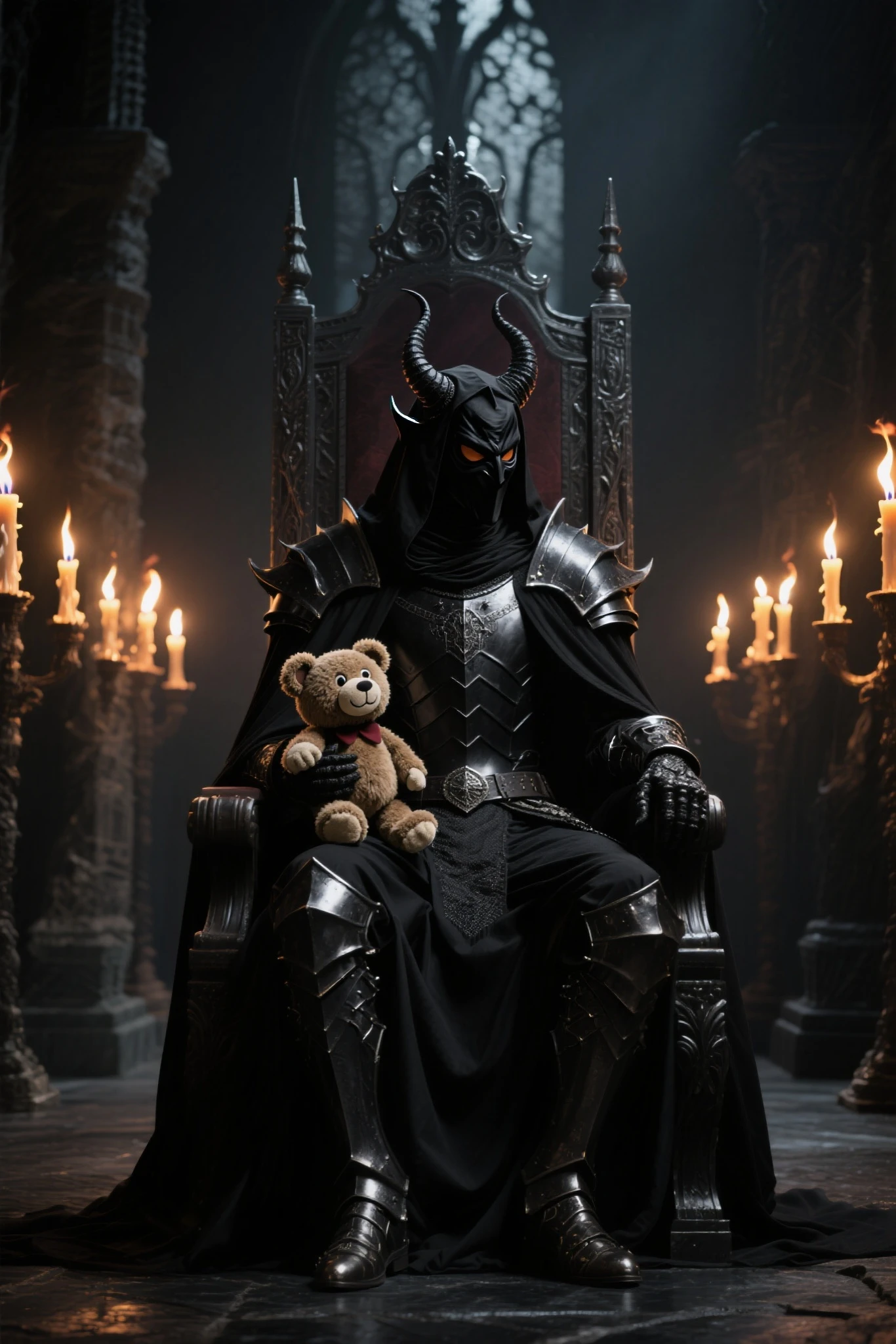A shy demon king who uses ventriloquist dolls to converse、Dark Temple、the lights of the torches lined up on the left and right、the demon king sitting on the throne、Black Armor、Black Cloak、Black Mask、The face is turning to the right、The devil who has a cute bear ventriloquist doll in his left hand、the ventriloquist doll is looking here、dark fantasy atmosphere、tense image that makes you feel the 、