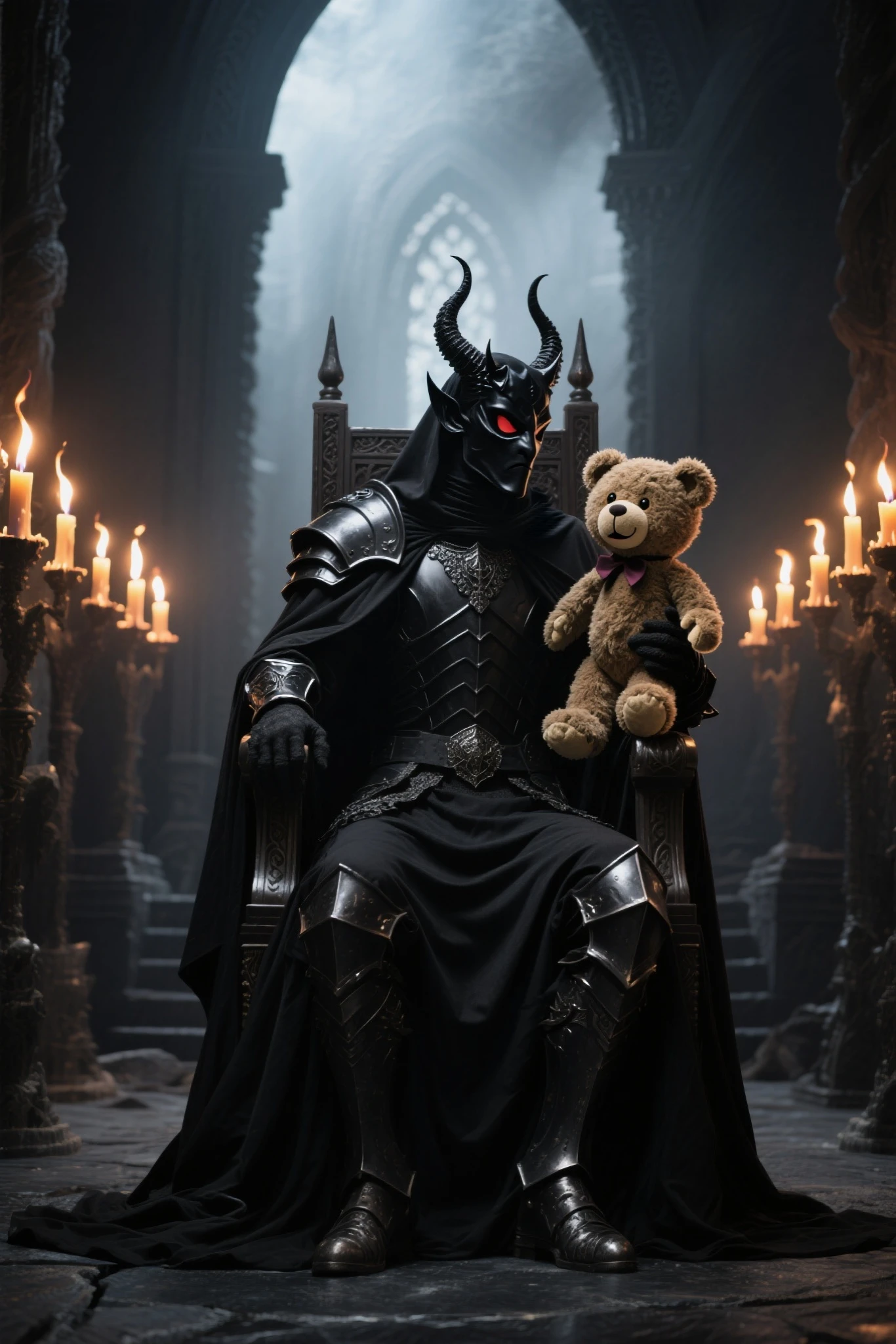 A shy demon king who uses ventriloquist dolls to converse、Dark Temple、the lights of the torches lined up on the left and right、the demon king sitting on the throne、Black Armor、Black Cloak、Black Mask、The face is turning to the right、The devil who has a cute bear ventriloquist doll in his left hand、the ventriloquist doll is looking here、dark fantasy atmosphere、tense image that makes you feel the 、