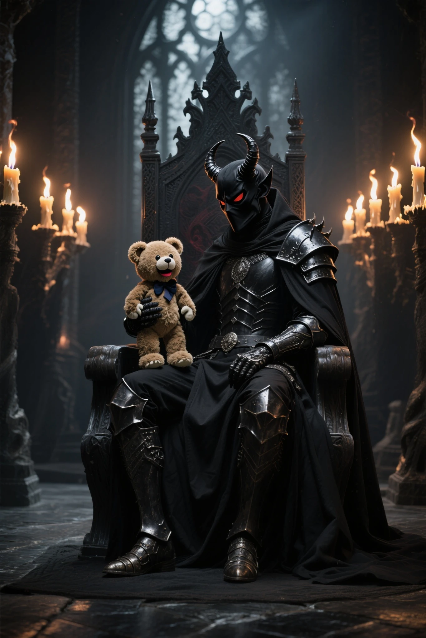 A shy demon king who uses ventriloquist dolls to converse、Dark Temple、the lights of the torches lined up on the left and right、the demon king sitting on the throne、Black Armor、Black Cloak、Black Mask、The face is turning to the right、The devil who has a cute bear ventriloquist doll in his left hand、the ventriloquist doll is looking here、dark fantasy atmosphere、tense image that makes you feel the 、