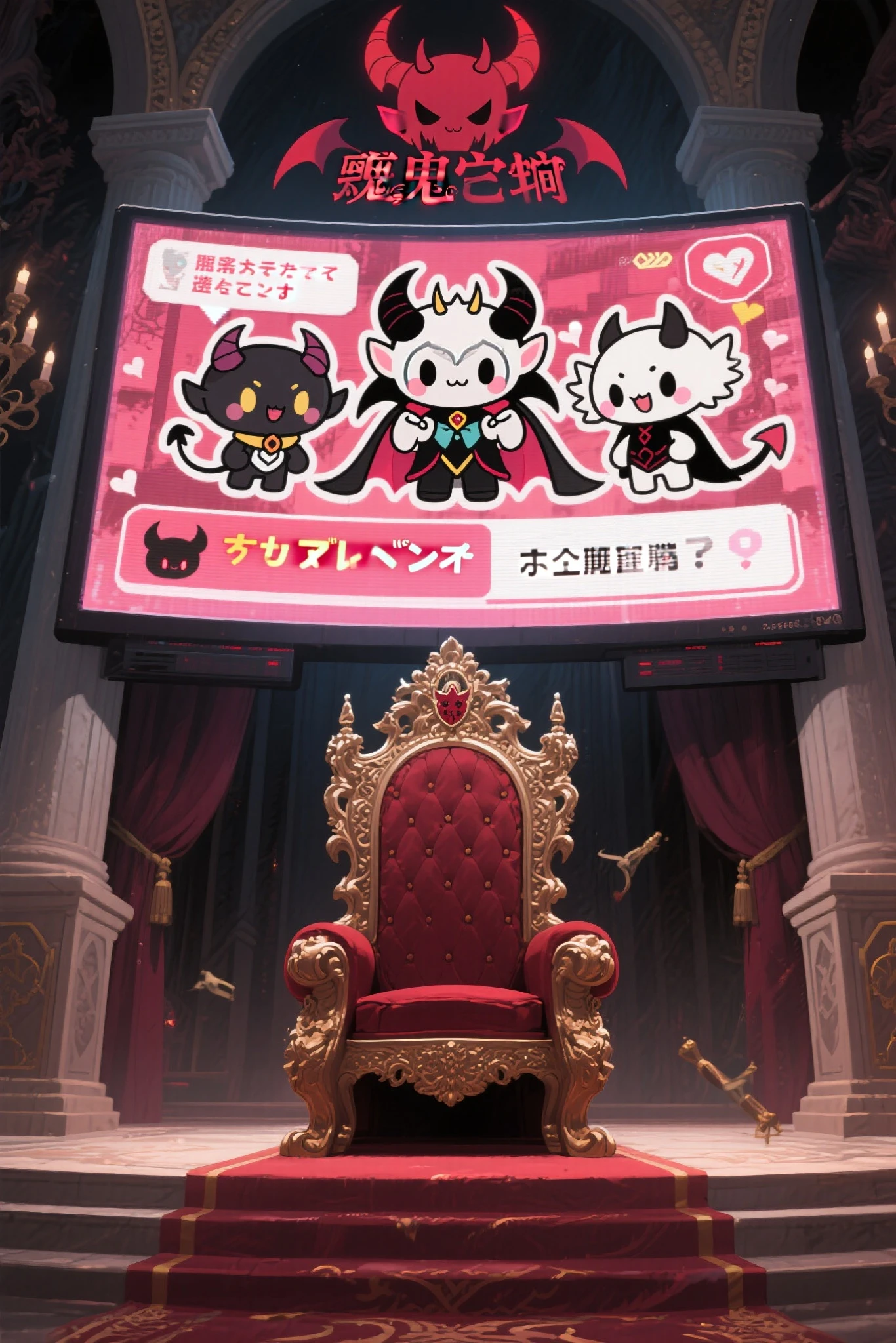 Demon Palace、There is a super large monitor on the throne、The cute Demon King characters and messages are displayed on the monitor,A vacant seat on the throne、