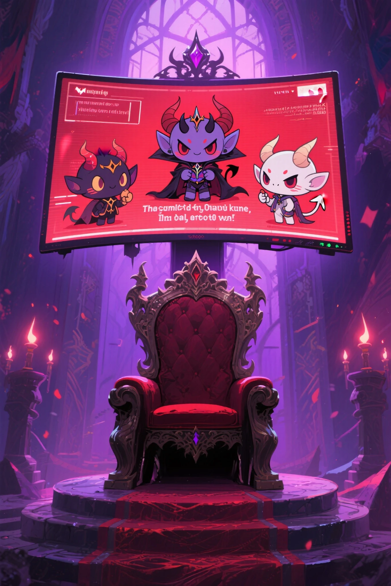 Demon Palace、There is a super large monitor on the throne、The cute Demon King characters and messages are displayed on the monitor,A vacant seat on the throne、