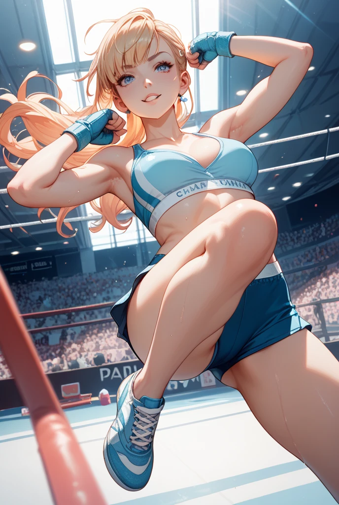 a cartoon character doing a kick at the bottom of her foot while in mid - air, 1girl, solo, dougi, Blonde hair, braid, gloves, one eye closed, spandex, headband, breasts, RED eyes, fingerless gloves, long hair, large breasts, sneakers, shoes