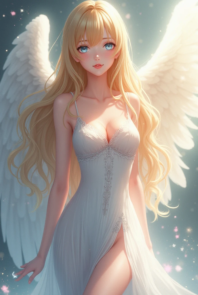 1girl angel with 2 large angel wings and a halo, perfect curves, wearing a white dress, strapless, suggestive pose, romantic, solo, detailed eyes, looking at viewer, sitting on a rock, forest, nature, forest meadow, beautiful, looking at viewer, embarrassed, medium breasts, fantasy, from front, looking at viewer playfully, naughty, smirk, romantic, (blonde hair, mid parted hair, straight hair, long hair:1.2), pronounced blush, beautiful green eyes,