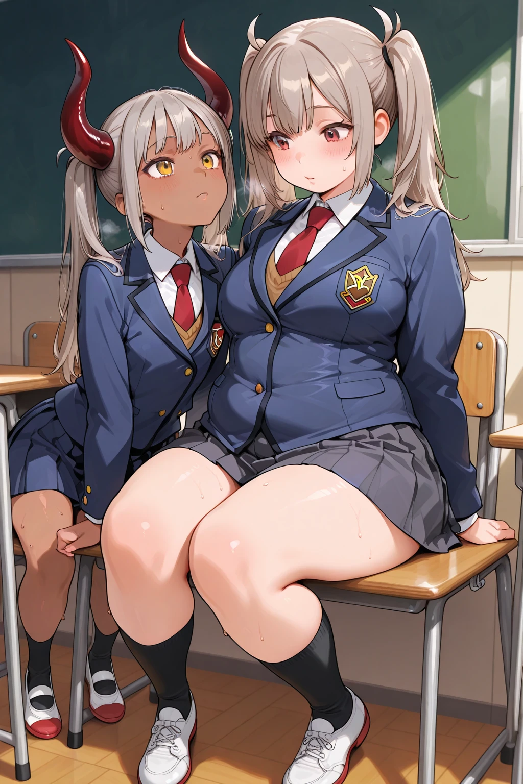 ((2 girls))、(smile:1.5)、(blush)、shirt、blouse、((fun))、Chirarism、(small breasts)、single braid、blake black footwear,(黒いskirt)、bow, button, 襟の付いたshirt, long sleeve, ((red bow tie, school uniform, black jacket, open jacket, Brown cardigan, 白のshirt, 黒のskirt, チェック柄のskirt、white socks)),, shirtを,, skirt, socks, thighs, 白い shirt, Rest indoors, ((classroom:1.5))、 BREAK looking at viewer、(skirtを掴む:1.0)、 (perfect hands, perfect anatomy),cowboy shot、(skirt lift:1.3), (No panties:1.3)、((shaved pussy:1.5))、(skirt that rolls up:1.3)、(Highly detailed labia fully exposed:1.5)、(Photo seen from below)、