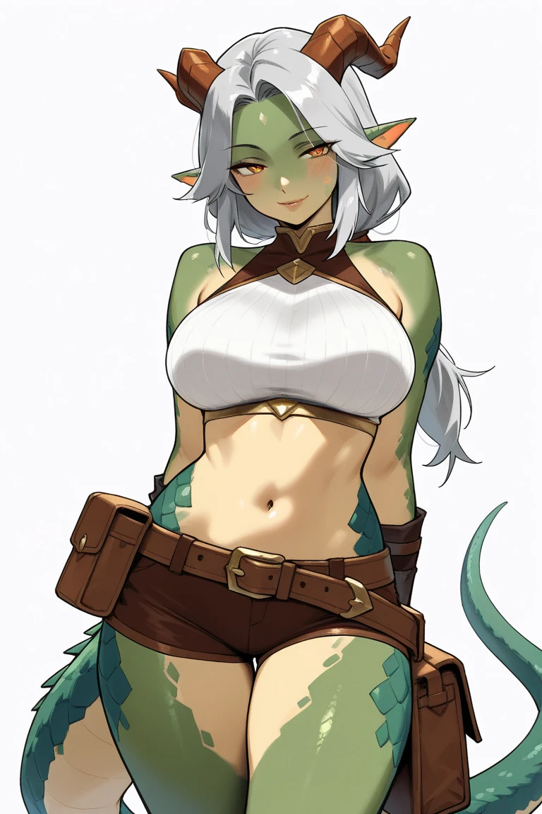 Alone dragoness, dragonborn, fantasy race, large breasts, slingshot bikini, long green hair tied in a ponytail, red horns, scales on the arms and legs, japamala around the neck, combat stance