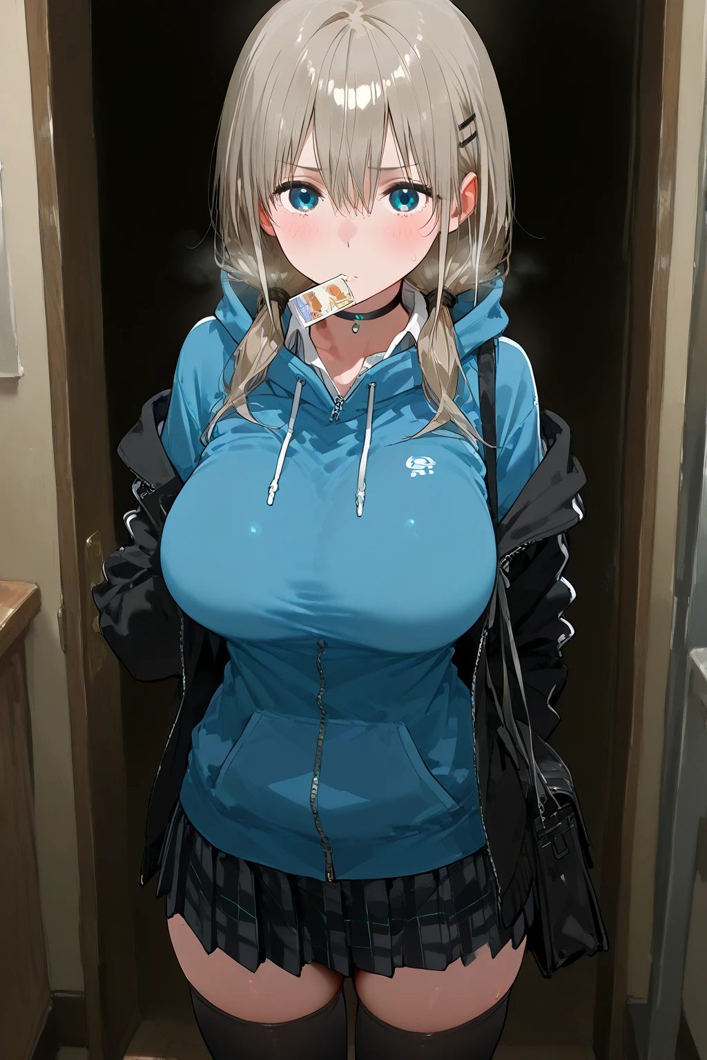 (best quality), (Super detailed), (Best Illustration), (masterpiece), score_9, score_8_up, score_7_up, 4k, (nsfw), high contrast, upper body, (1woman), (solo:1.2),{(white serafuku), (bra lift), (show off breast:1.2), (show off nipples:1.2)}, (large breasts:1.2), {brown hair, (sideburns), (bob cut:1.3), curly hair, hairs between eyes, colored inner hair}, {(detailed eyes), blue eyes}, earring, orgasm, sweat, wind, (train:1.2),