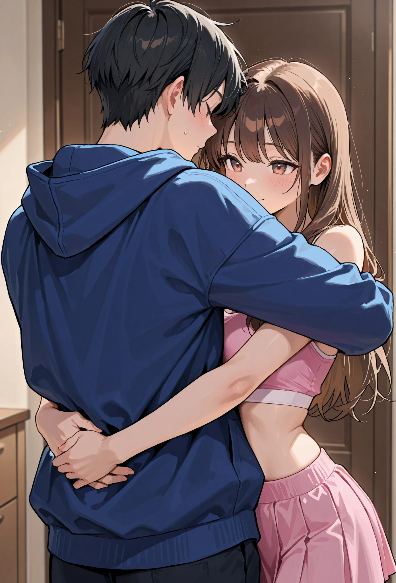nsfw:1.0, ((Full Body Shot:1.0)),(one female lady, bangs, Pink turtleneck knit maxi dress,vip room back ground, night:1.2),8k, (A woman who is 155 cm tall, cum on her legs),(male, fingering her from behind, tight hug from behind her, Medium Long Hair:1.1), Highest quality, Highly detailed CG Unity 8k wallpaper, Depth of written boundary, Cinematic Light, Lens flare, Ray Tracing, (Very beautiful face, Beautiful Eyes), Exquisitely detailed face, ((Highly detailed skin)), Deep Shadow, ((1 Girl)), (Very slim, lean and muscular body:1.0), ((The whole body is facing upwards:1.0)),((View your viewers)),(A shy smile:1.0,(Blurred Background),(No people in the background:1.3), Clear Eyes, (Pale skin), (Big eyes),(Brown Hair),small-medium breast