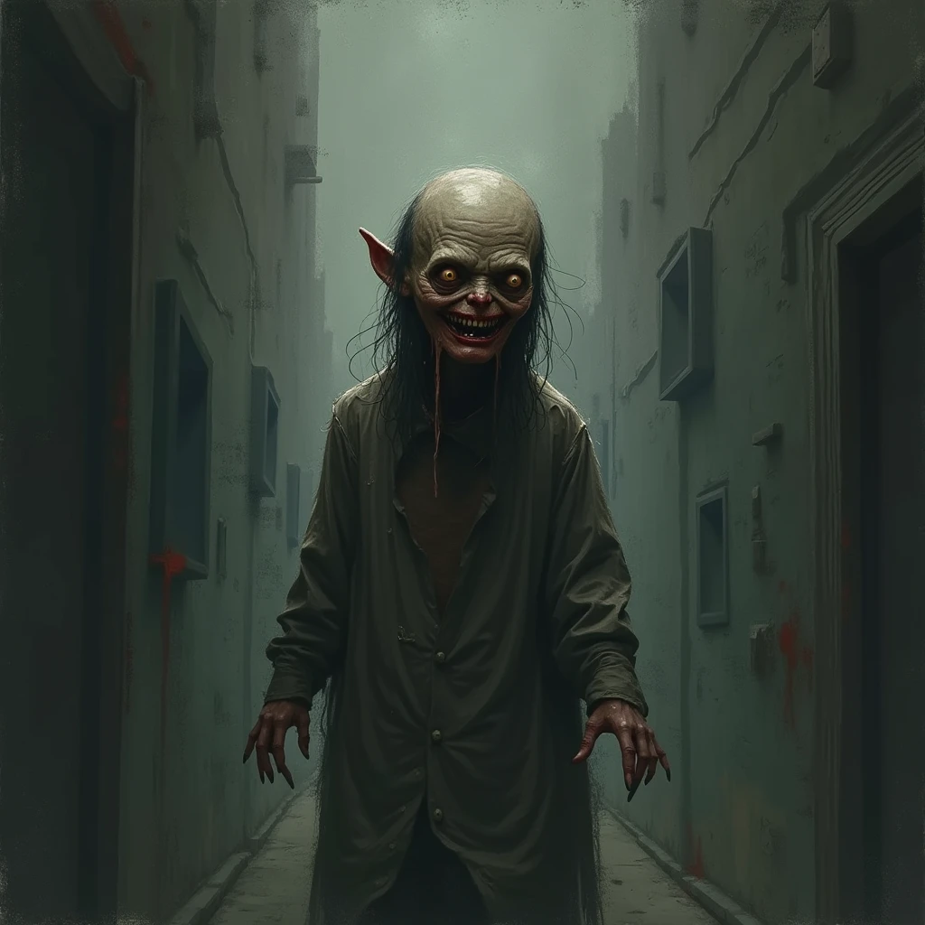 reelhorror, humanoid, mutation, extra eyes, dismemberment, flesh, drooling, looking at viewer, blood, injury, realistic, full-length shot, pov scene, pov, trash, indoors, messy, (wuroh:0.8)
