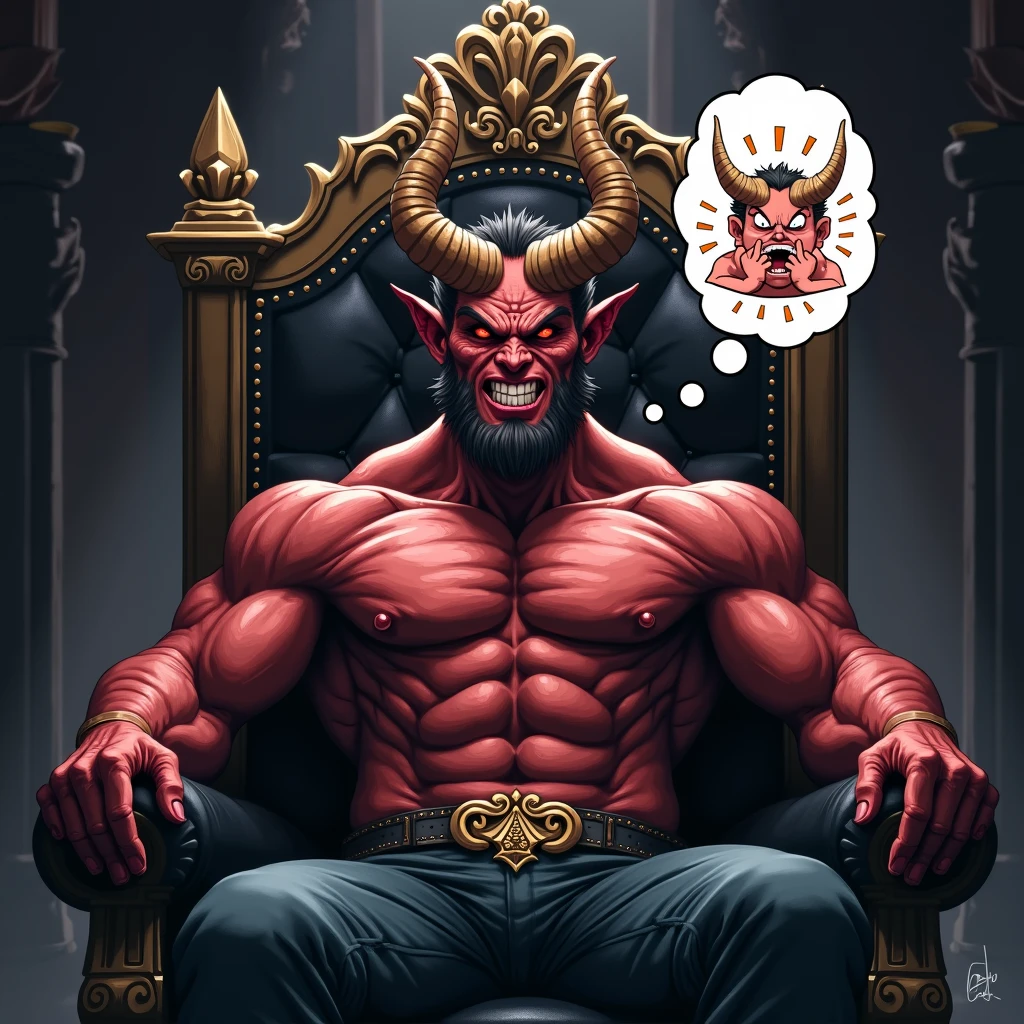 satan on his throne ruling, skin red, hair from navel to groin, Swim trunks with bulge, Chubby, Hairy, Bearded, high resolution, ultra-detailed , sharp focus, intricate details, His right leg is casually resting on the armrest of the throne, showing a relaxed yet commanding posture. His left hand is clenched into a fist, supporting his head as he leans slightly to the side. The king’s expression is thoughtful and intense, with a sense of authority and contemplation. The throne is ornately decorated, and the background is a dimly lit, grand hall with banners and torches, emphasizing his