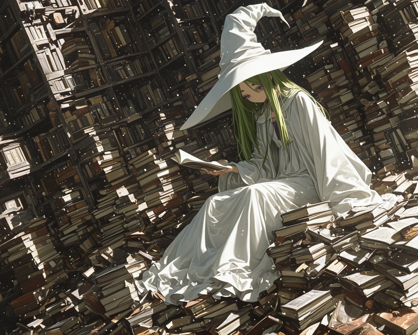 1girl , solo , ゴモヴィロア_Der Werwolf: The Annals of Veight , bibliomaniac , A room filled with piles of magic books, a girl reading amid the clutter of books scattered everywhere , The magical light illuminates the room , The girl is reading a book with a sandwich in her hand , wariza , break , 
loli , skinny , slender face , green long hair , forehead, parted bangs , Long bangs, hair mini ribons , short eyebrows ,  purple eyes , small nose , witch , white slim fit slit witch long dress , white cloak , big white witch hat , parted lips , looking at viewer , 
break , 
( ambient occlusion:0.9 ) , masterpiece , best quality , ultra-detailed , high resolution , extremely detailed CG , unity 8k wallpaper , super detailed skin , perfect  , detailed beautiful face , detailed beautiful eyes , highres , chiaroscuro , highly detailed background , elaborately designed clothes , dramatic lighting , full body , dramatic angle , light particles , ARW ,  