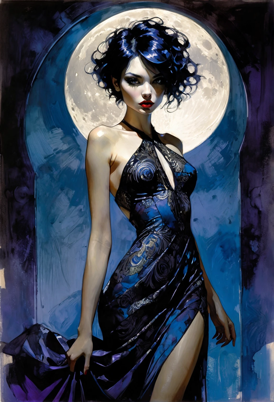 the sexy girl and the half moon, night, lace dress ( art inspired by Bill Sienkiewicz, oil painting)