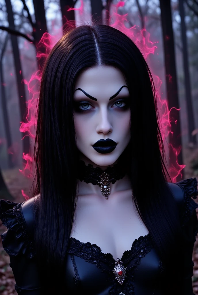 Vivid, high-contrast horror cowboy shot of a white vampire woman beautiful, a black dress, long black hair, wearing a corset, flowy dark black hair, lashes, ark makeup, evil look, black lipstick, (((short bangs))), smokey eyes makeup, black lipstick, radiant purple PUPILS, cleavage exposed, perfect anatomy under a dramatic, gritty lighting