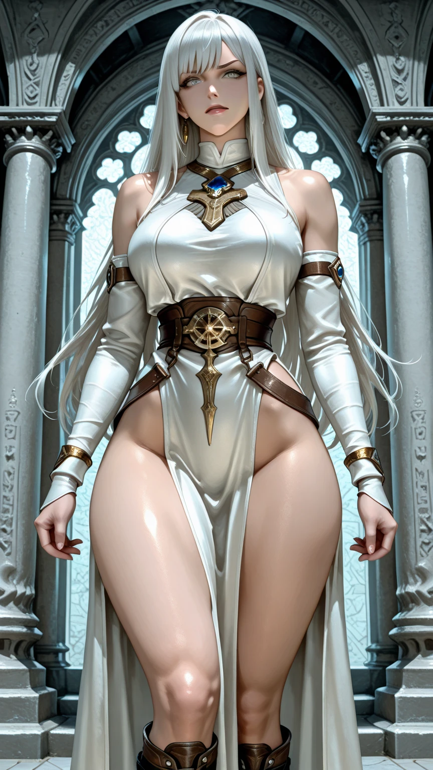 mole under mouth, purple eyes, long hair, 1girl, breasts, jewelry, blunt_bangs, solo, armlet, dress, egyptian, nyotengu, bodystocking, gloves, long_hair, black_hair, earrings, smile, bangs, looking_at_viewer, cleavage, halterneck, egyptian_clothes, standing, medium_breasts, white_dress, see-through, bare_shoulders