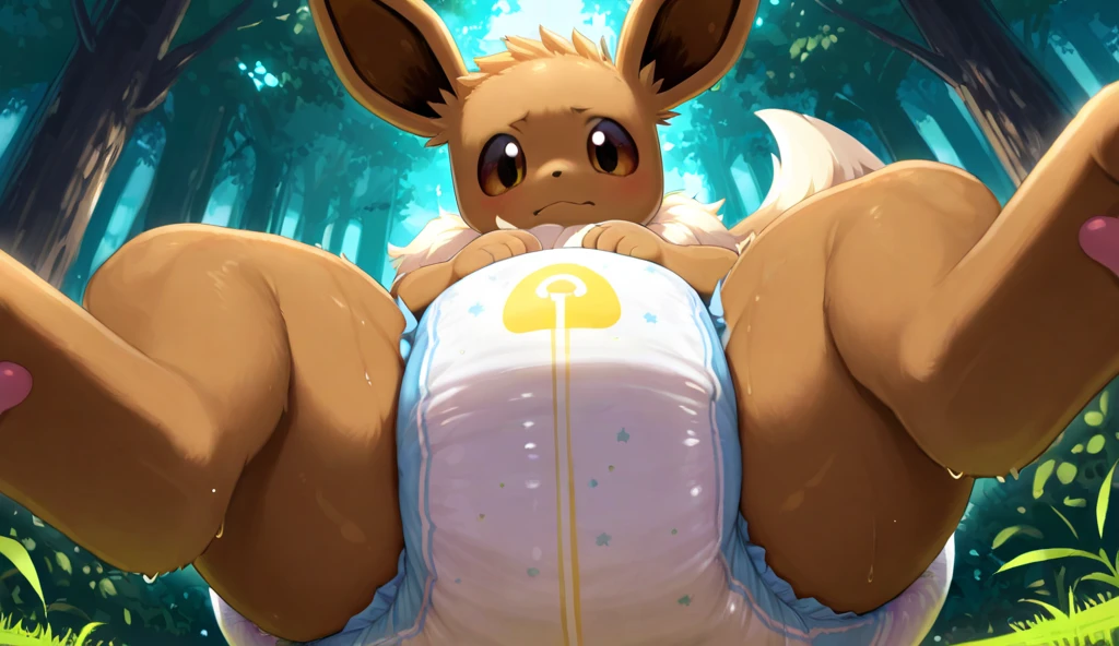 Furry, kemono, eevee, Super cute face, A large number of transparent tentacles, Highly detailed fur, Spreading legs, big pussy, Pussy covered in liquid, Low - Angle, Large amounts of liquid, Soft and squishy pussy, forest, Detailed Background, shiny body, masterpiece, Ahegao