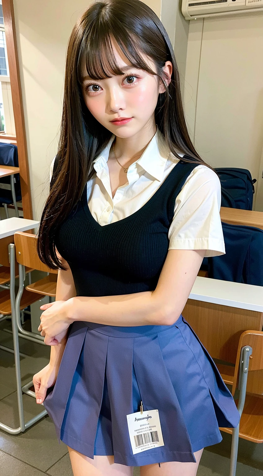 ((top-quality、8k、masterpiece:1.3))、Beautiful woman with perfect body:1.4、slim abdomen:1.2、Longhair, normal breast, Highly detailed facial and skin texture, A detailed eye, delicate eyes, double eyelid, (smile), (full body shot), ((classroom)), ((sitting on chair), ((wearing student uniform)), looking in front